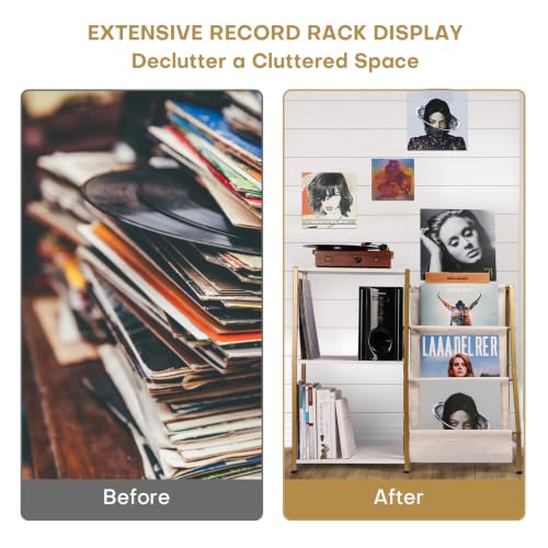 Gold and White Vinyl Record Storage Stand with Turntable Shelf and Now Playing Holder