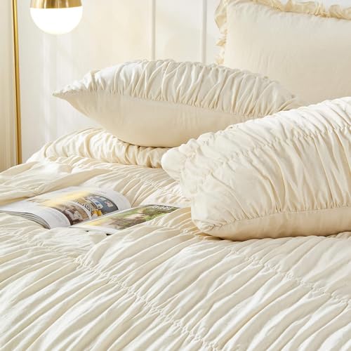 Wheat Queen Size Ruching Comforter Set - Luxurious Bedding with Shabby Chic Ruffles