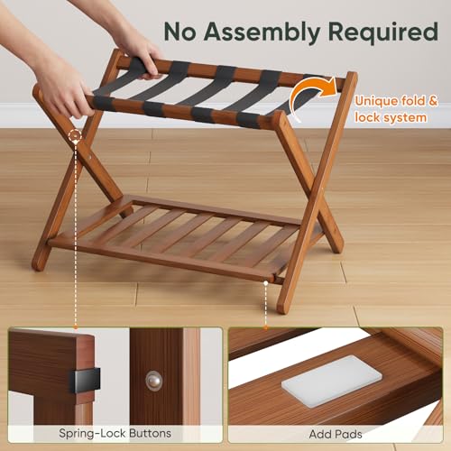 Smart FENDEE Walnut Fully Assembled Bamboo Luggage Rack with Shoe Shelf - Heavy-Duty Suitcase Stand for Guest Room, Bedroom, Hotel, 1 Pack