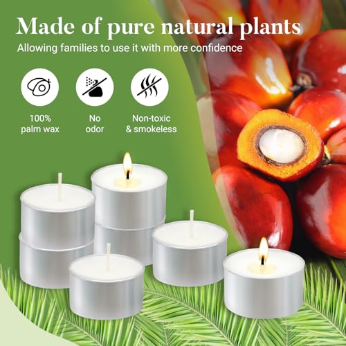 Palm Wax Tea Lights Candles 200 Pack - Unscented, 6 Hour Burn, Clean & Smokeless