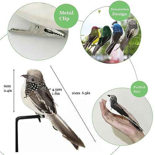 LWINGFLYER 2pcs Gray Artificial Feathered Birds 6inch Clip on Sparrow Bird Ornaments for Christmas Tree Decoration Wreath Craft Garden Home Decor Party Accessories