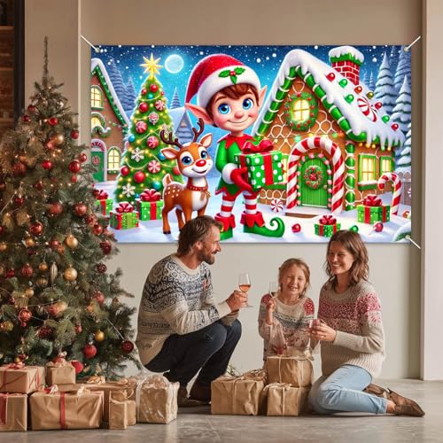 Merry Christmas Banner 71 x 43 in - Reindeer Elf Village Backdrop for Holiday Decor
