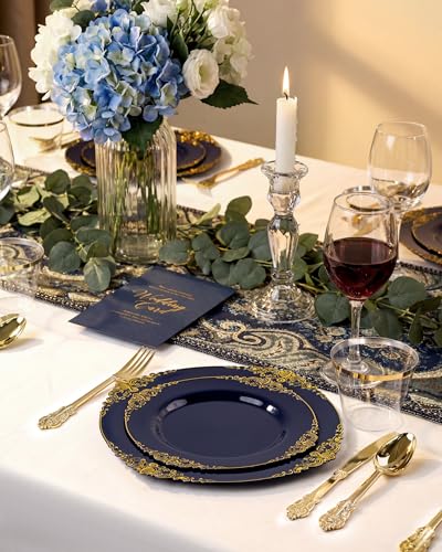 Nervure Navy Blue & Gold 350-Piece Disposable Dinnerware Set for 50 Guests