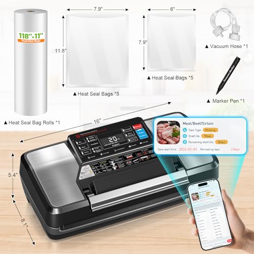 Food Vacuum Sealer Machine with App & Double Heat Seal - Commercial & Family Use