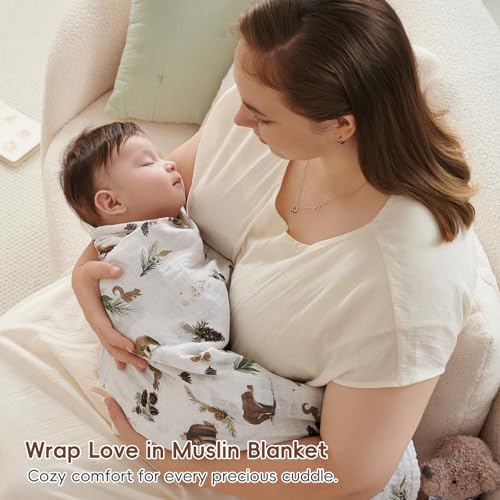 Baby Muslin Swaddle Blanket 4 Pack - Woodland Animals Green, 47x47 Inches, Soft Breathable Cotton for Newborns