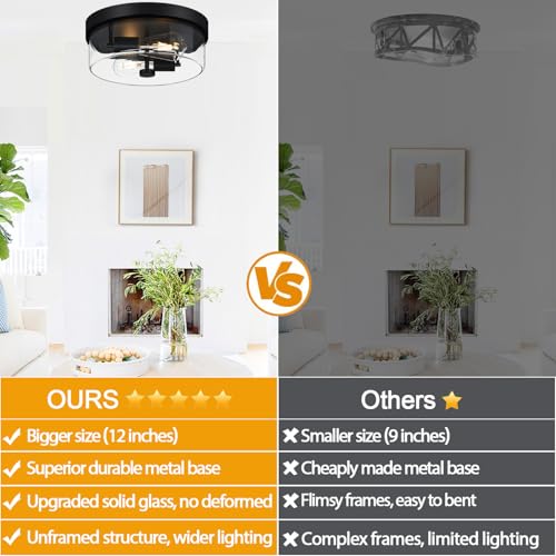 Matte Black 2-Light Farmhouse Flush Mount Ceiling Light with Clear Glass Shade