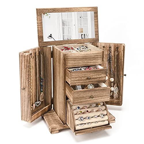 Rustic Brown Jewelry Box for Women, 4-Layer Wooden Organizer with Mirror
