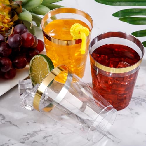 DaYammi Gold Rimmed Plastic Cups 10 Oz - 200 Pack Disposable Party Drinkware, Wedding & Event Use
