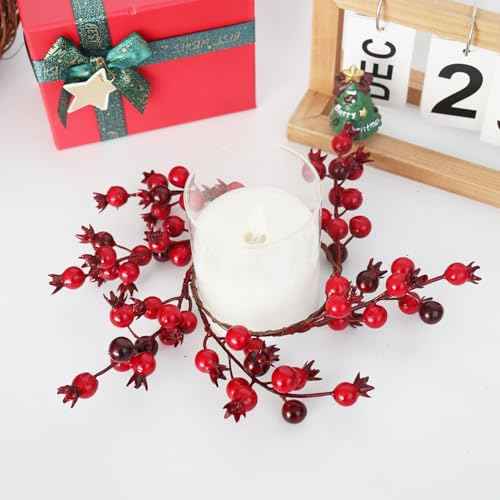 2 Pcs Christmas Burgundy Berry Candle Rings Wreaths Kitchen Cabinet Wreath Table Centerpieces Mini Rings for Pillars Window Chair Wall Decor Wreath Candle Holder (Burgundy)