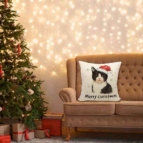 Mancheng-zi Christmas Cat Pillow Covers 18x18,cat Throw Pillow,Cat Pillow Cases,Merry Christmas cat Pillow Cover,Cat Gifts for Cat Lovers,cat Christmas Pillows,Christmas cat Decorations