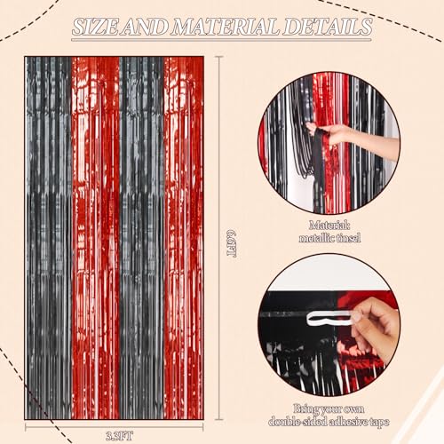 2 Pack Foil Fringe Backdrop - Red&Black Shiny Tinsel Curtains for Party Decoration/Photo Booth Props - 3.3x6.6 FT Metallic Foil Backdrop for Birthday, Wedding, Graduation, Christmas.