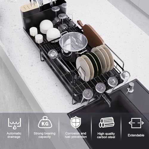 Extendable Dish Drying Rack - Black, Adjustable Countertop Drainer with Drainboard