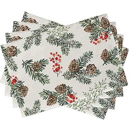 Seliem Winter Pine Cone Needle Branch Berry Placemats Set of 4, Watercolor Botanical Tabletop Dining Table Place Mats Home Kitchen Decor, Christmas Farmhouse Holiday Rustic Decoration 12 x 18 Inch