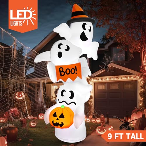 Giant Inflatable Ghost Halloween Yard Decoration with LEDs, Outdoor Blow Up Decor