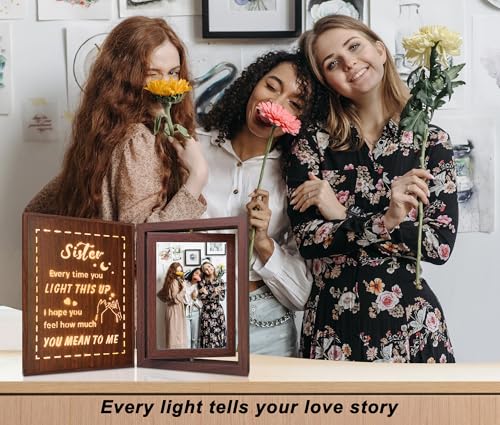Soruney Sister 4x6 Rotating Lighted Picture Frame - USB Powered Wood Gift for BFF