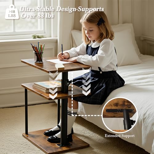 Faesun Adjustable 360° Swivel C-Shaped Side Table with Storage - Rustic Brown, Standard / Rich Edition