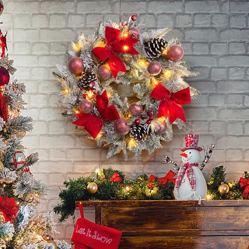 GarveeHome 24in Red & White Pre-Lit Christmas Wreath with Bow, Pinecones, Berries, Balls & 30 LEDs (Battery Operated)
