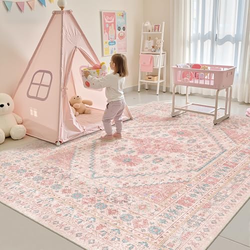 Pink Area Rug 5x7 for Bedroom & Living Room - Non-Slip Geometric Design - Pink/Blue Variation