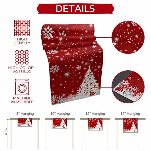 Ldtrchee 13 x 36 in Red Christmas Table Runner - Cotton Linen Snowflake Tree, Winter Holiday Decor