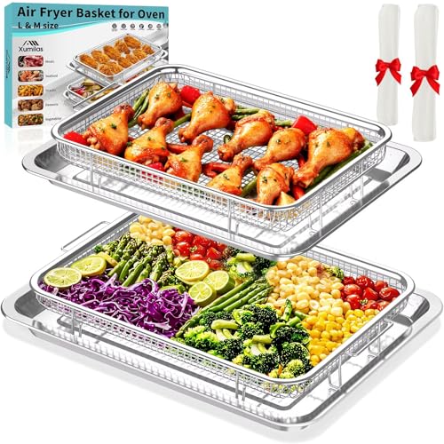 Large & Medium Stainless Steel Air Fryer Basket Set for Oven - 2 Pack, Mesh Crisper Trays