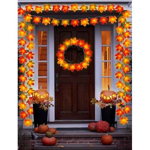 Fall Thanksgiving Decorations for Home 2Pack Total 20ft 40LED Enlarged Maples Leaf String Lights Battery Operated Maple Leaves Garland with Lights for Indoor Outdoor Autumn Halloween Christmas Decor