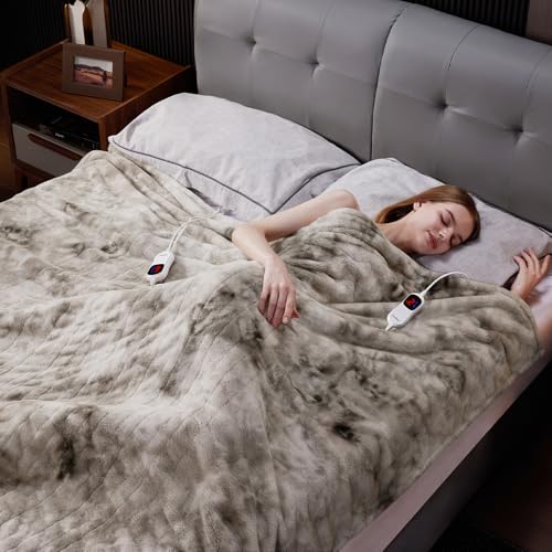 Guohaoi Light Grey 90x100 Inch Faux Rabbit Fur Heated Blanket Electric Throw