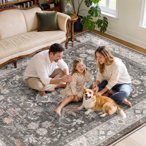 8x10 Vintage Washable Area Rug - Warm Taupe, Non-Slip Living Room Carpet