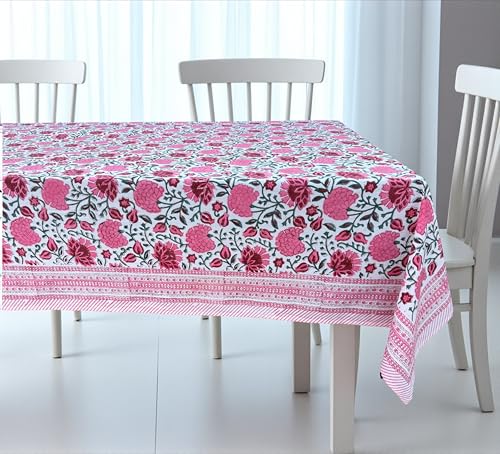White Ibis Rose Floral Fall Tablecloth 120x72 Inches Hand Block Print, Rectangular Dining Decor
