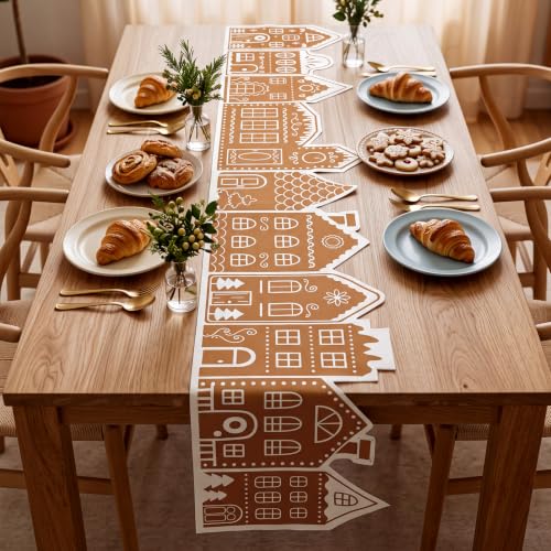 Gingerbread House Table Runner 13 x 72 in - Waterproof Cotton Linen Holiday Decor