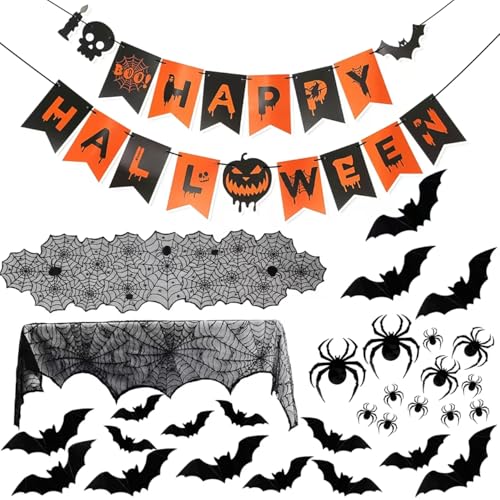 CMXZSAM Black Halloween Decor Set with Mantel Scarf, Table Runner, 3D Bats & Spiders, Banner