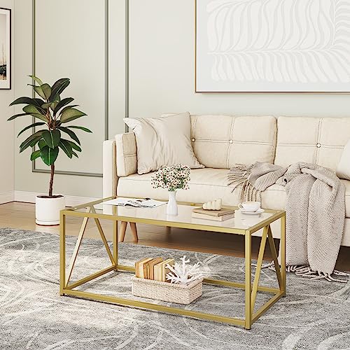HOOBRO Gold Glass Coffee Table - Modern 1-Layer Center Table for Living Room & Office