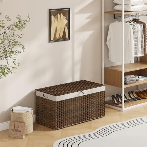 HOOBRO Brown 39.4"L x 15.7"W x 19.7"H Wicker Storage Basket with Lid, Handles, 200L