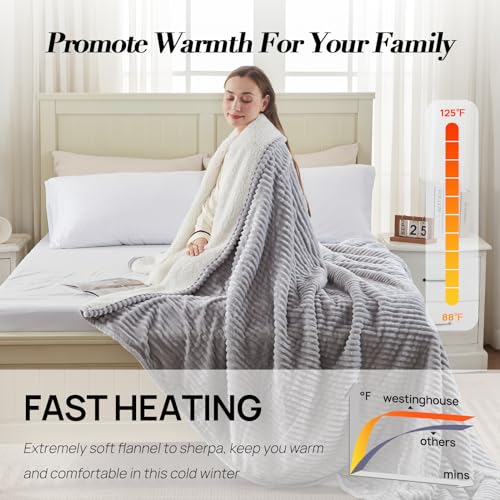 Westinghouse Full Heated Blanket 72x84 Inch Flannel Sherpa Light Grey
