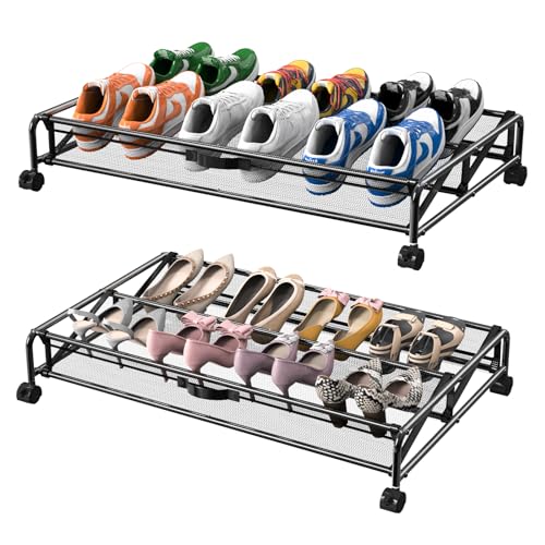 KOSIWU 2 Pack Under Bed Shoe Storage Containers with Wheels & Breathable Mesh