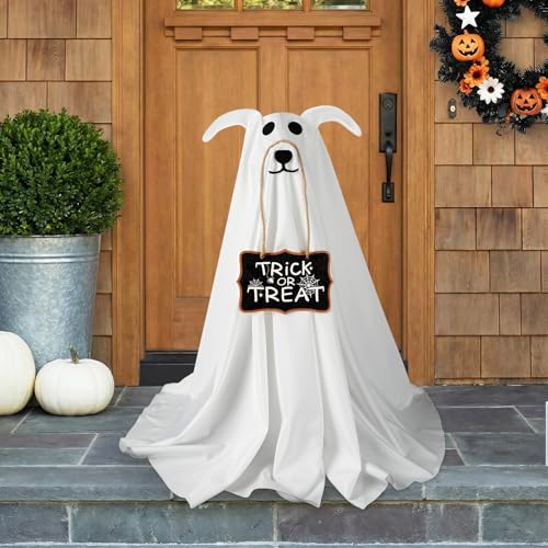 2 Pack Light-Up Ghost Dog Halloween Decorations - 2.3 FT Spooky & Cute Yard Decor with Signs