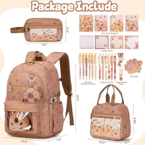 Similove Brown Capybara School Backpack & Stationery Set for Girls - Lunch Box & Pencil Case Included