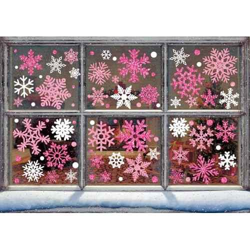 Whaline Glitter Snowflake Winter Window Clings Pink White Snowflake Christmas Window Decals Reusable Windows Decor for Xmas Frozen Party Home School Office Supplies,9 Sheet
