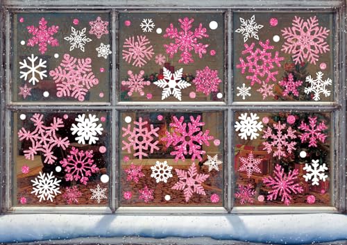 Whaline Pink White Glitter Snowflake Window Clings, 9 Sheets - Reusable Xmas Decor