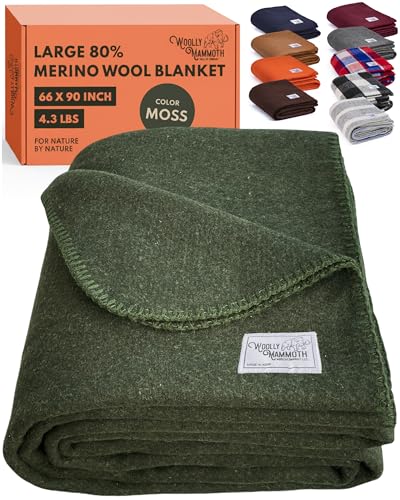 Woolly Mammoth Merino Wool Camping Blanket - Moss, 66x90 Inches, Large