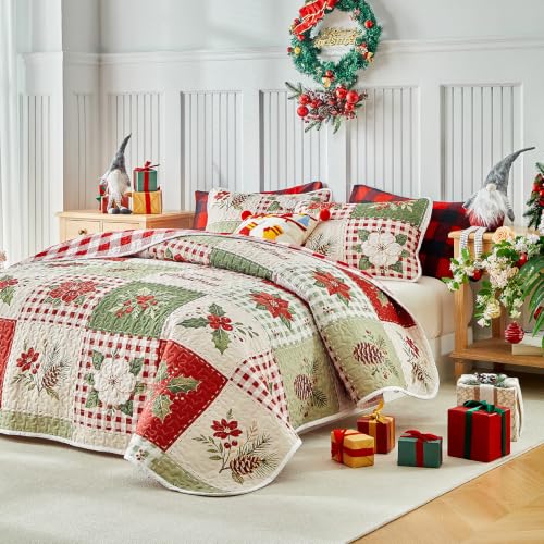 Christmas Patchwork Quilt Set Twin Size - 2 Pieces Green Red Plaid Bedding