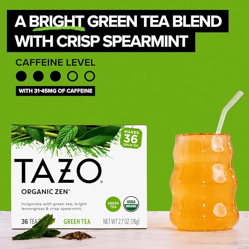 TAZO Organic Zen Green Tea Bags - 36 Count Pack of 4, 144 Total Bags, USDA Organic, Certified Non-GMO, Kosher