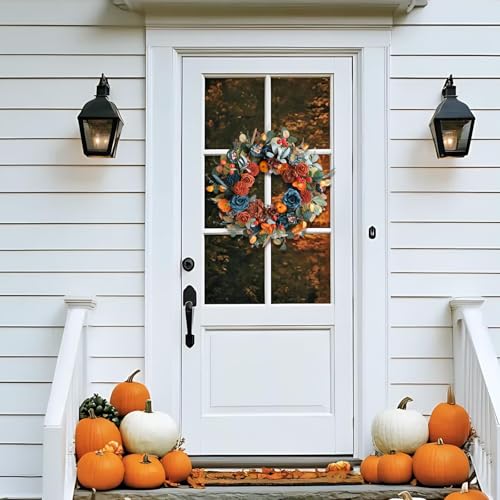 Fall Wreath Handmade Autumn Front Door Decor - Blue, Orange Hydrangeas & Pumpkins - Wreath Variation