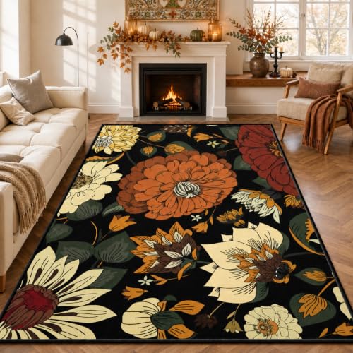 Boho Floral Area Rug 5x7 with Non-Slip Backing - Washable, Mid-Century Modern Style - Warm Ember