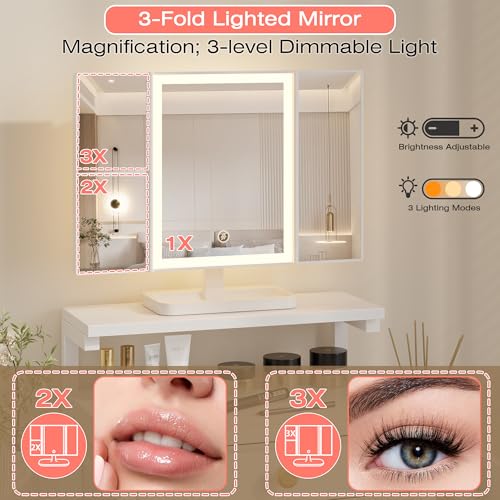 HIGDBFE White Vanity Desk with Mirror & LED Lights, 28.4"W Small Makeup Station