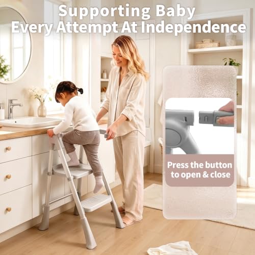 Foldable Toddler Standing Tower - Gray, Montessori Kitchen & Learning Stool for Kids 1.5-6 Years