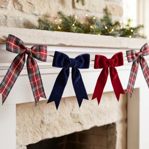 Christmas Garland with Velvet & Tartan Bows - 2 Pack, 6.5 ft Holiday Decor