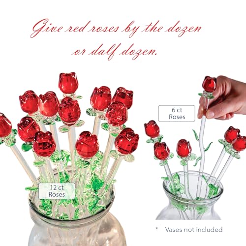 12 Pack Red Roses Crystal Figurines - Handmade Long Stem Gift Set