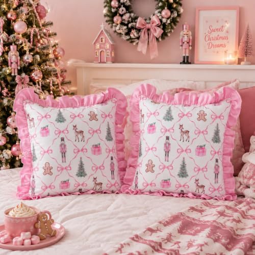 Irenare 2Pcs Pink Christmas Pillow Covers 18x18 Inch – Coquette Ruffle Xmas Decor