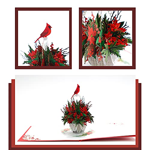 CUTE POPUP 3D Pop Up Christmas Card – Cardinal & Poinsettia (Red Cardinal) 6x6in, Envelope Included