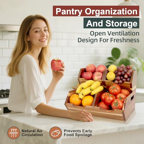 Acacia Wood Pantry Storage Bins Set - Stackable Fruit and Vegetable Organizer
